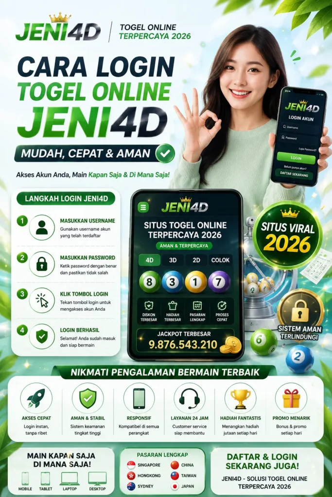 Poster cara login togel online JENI4D 2026 dengan konsep fresh hijau modern, menampilkan akses cepat, sistem aman, platform responsif, dan panduan login nyaman untuk semua perangkat.