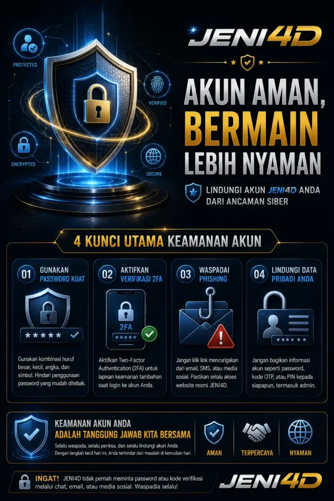 Poster keamanan akun JENI4D dengan ilustrasi perisai digital dan empat langkah perlindungan akun, termasuk password kuat, verifikasi 2FA, perlindungan data pribadi, dan pencegahan phishing.