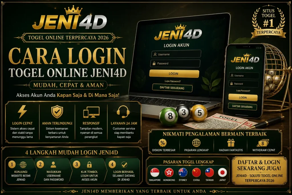 Banner mendatar login togel online JENI4D 2026 dengan konsep classic elegan warna hitam emas, menampilkan akses cepat, sistem aman, platform responsif, dan tampilan modern untuk semua perangkat.