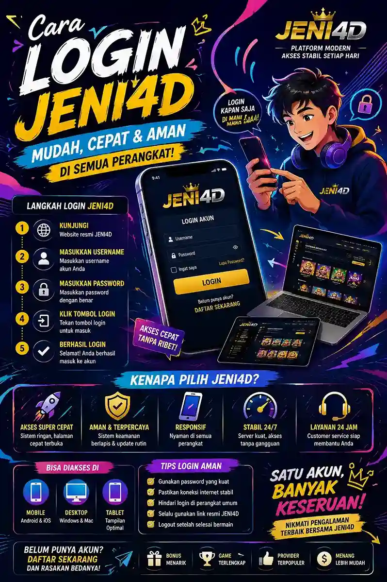 Poster login JENI4D 2026 dengan konsep neon futuristik berwarna ungu biru, menampilkan panduan login akun, akses cepat, tampilan mobile responsif, dan platform modern untuk semua perangkat.