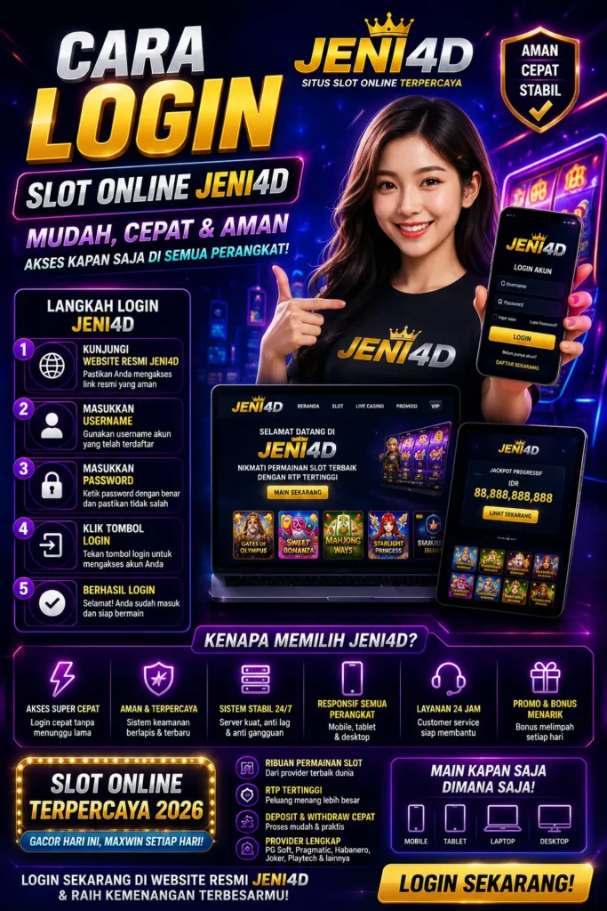 Poster cara login slot online JENI4D 2026 dengan desain neon futuristik modern, menampilkan akses cepat, sistem login aman, platform responsif, dan panduan login melalui mobile maupun desktop.