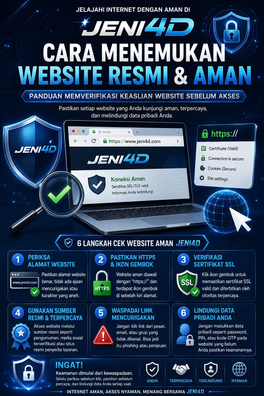 Infografis JENI4D tentang cara menemukan website slot Jeni4d dan aman dengan memeriksa alamat website, HTTPS, sertifikat SSL, sumber resmi terpercaya, serta langkah perlindungan data pribadi pengguna.