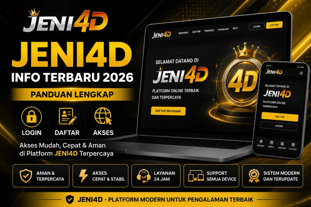 Poster JENI4D info terbaru 2026 tentang panduan login, daftar akun, dan akses platform JENI4D terpercaya dengan tampilan modern dan responsif.