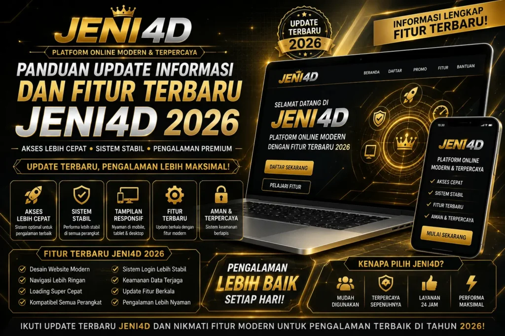 Poster JENI4D terbaru 2026 dengan desain premium hitam emas futuristik, menampilkan update fitur terbaru, sistem akses cepat, platform online modern, dan tampilan responsif untuk semua perangkat.