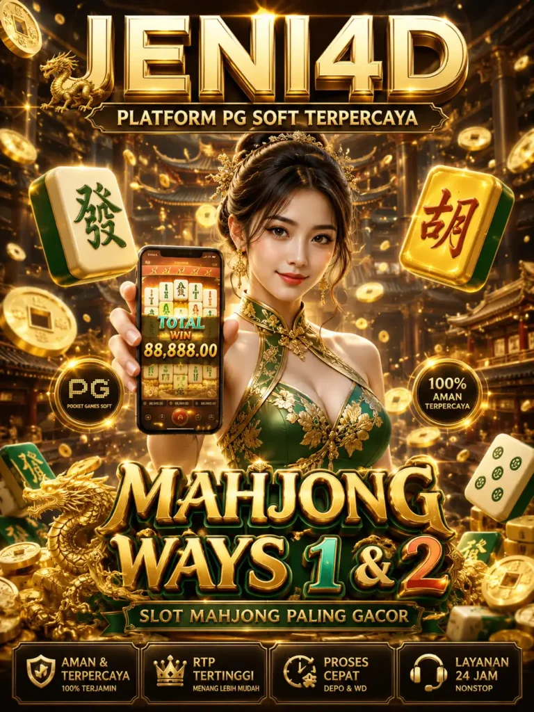 Poster promosi mewah JENI4D sebagai platform PG Soft terpercaya 2026, menampilkan visual eksklusif Mahjong Ways 1 dan Mahjong Ways 2 dengan elemen koin emas dan mahjong hijau emerald yang elegan