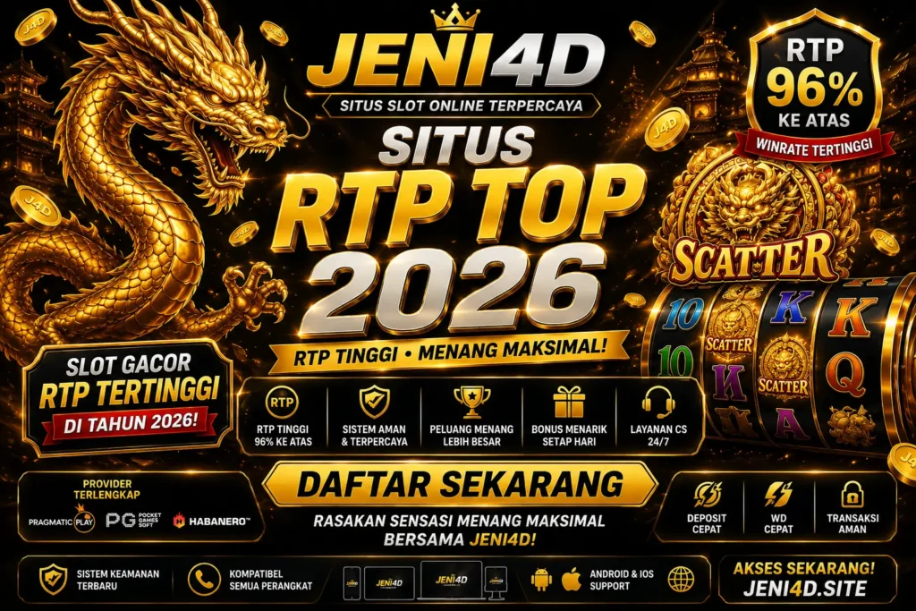 Poster JENI4D situs RTP top 2026 dengan naga emas futuristik, tema slot gacor modern, RTP tinggi 96 persen, scatter besar, dan tampilan premium hitam emas yang menarik.
