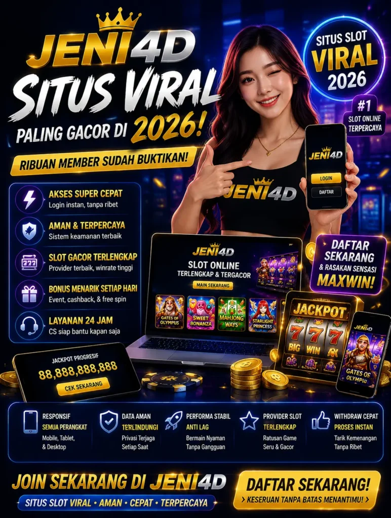Poster JENI4D situs slot viral 2026 dengan desain neon futuristik modern, menampilkan slot gacor, bonus menarik, akses cepat, jackpot besar, dan platform responsif untuk semua perangkat.