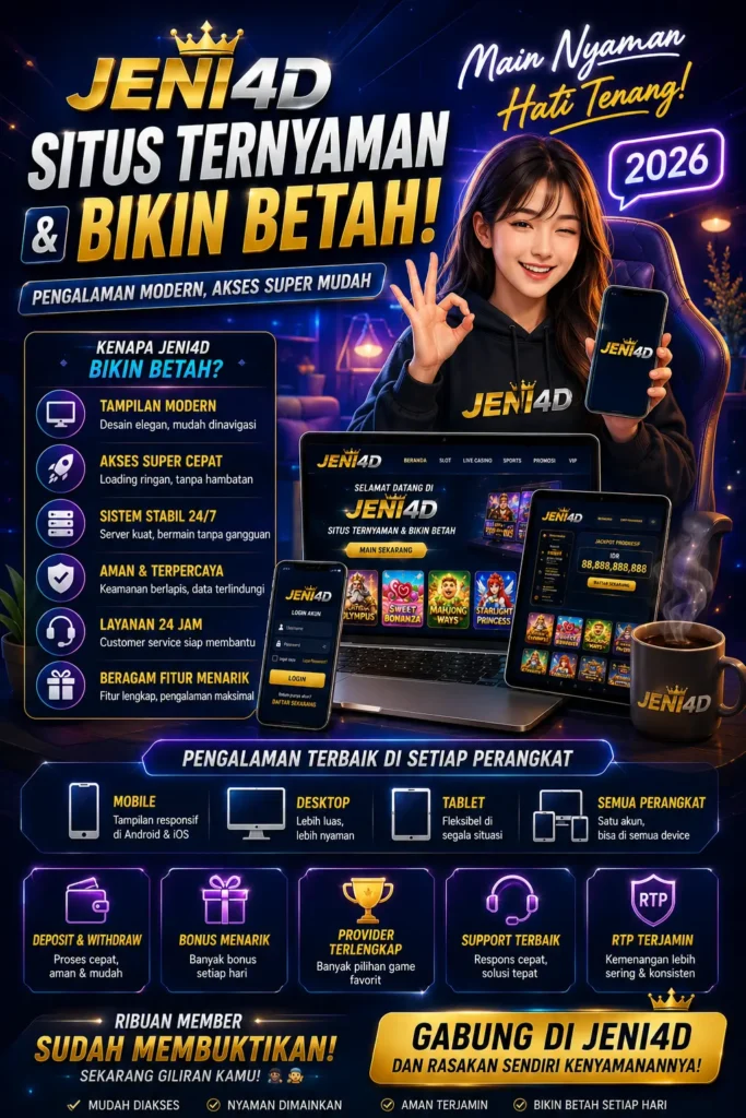 Poster JENI4D 2026 dengan konsep modern neon futuristik menampilkan situs ternyaman, akses cepat, tampilan responsif, layanan 24 jam, dan pengalaman bermain yang bikin betah di semua perangkat.
