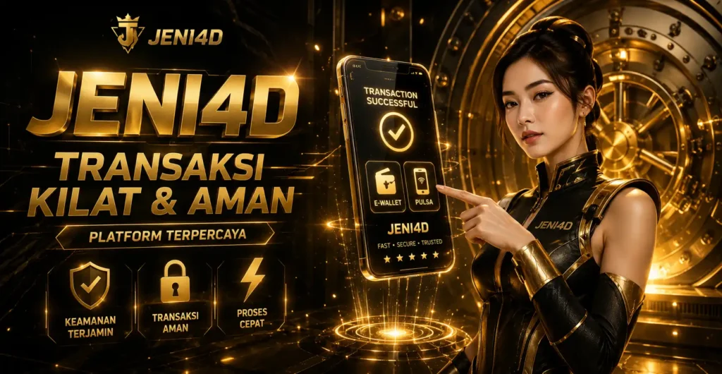 Poster JENI4D transaksi kilat dan aman dengan metode pembayaran e-wallet dan pulsa serta sistem keamanan terpercaya.