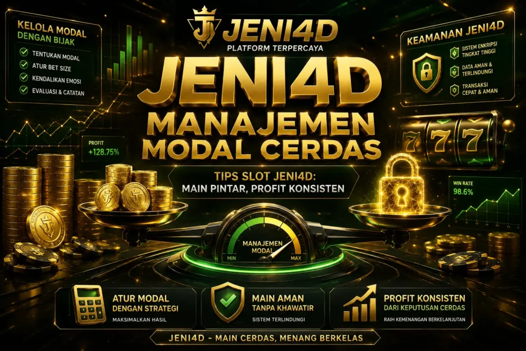 Poster manajemen modal JENI4D cerdas dengan strategi pengelolaan bankroll, keamanan transaksi, dan tips bermain yang terukur.