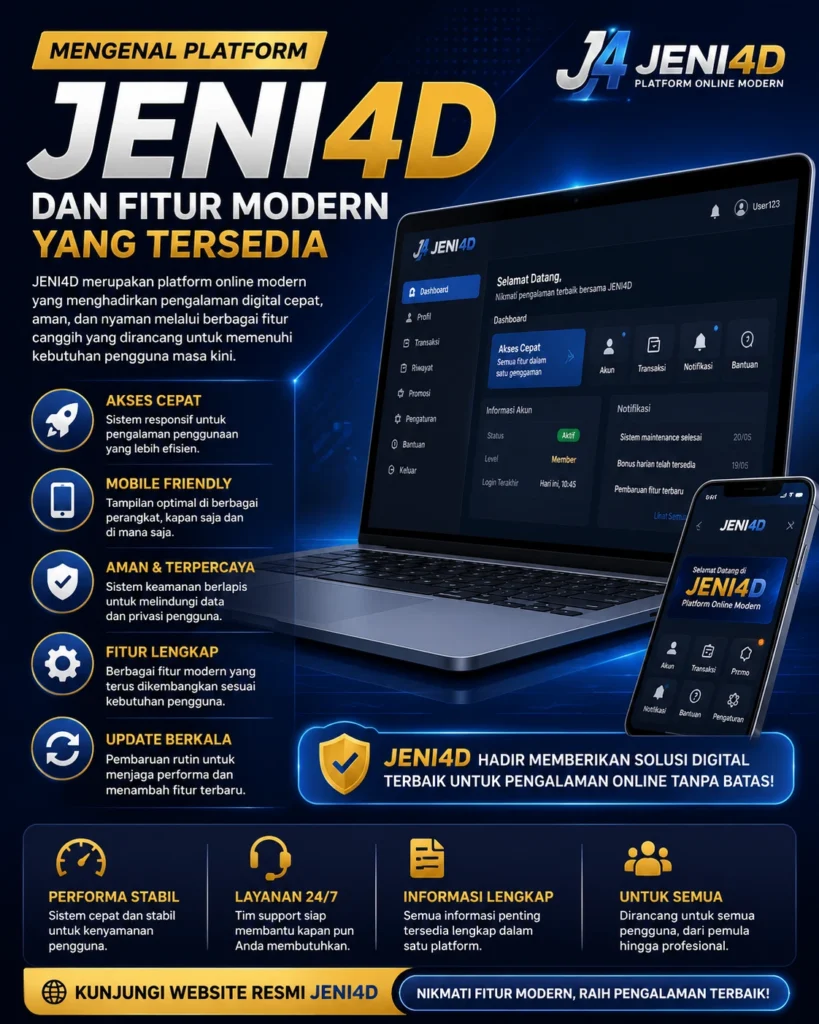 JENI4D platform online modern dengan fitur lengkap, akses cepat, tampilan mobile friendly, dan sistem yang responsif