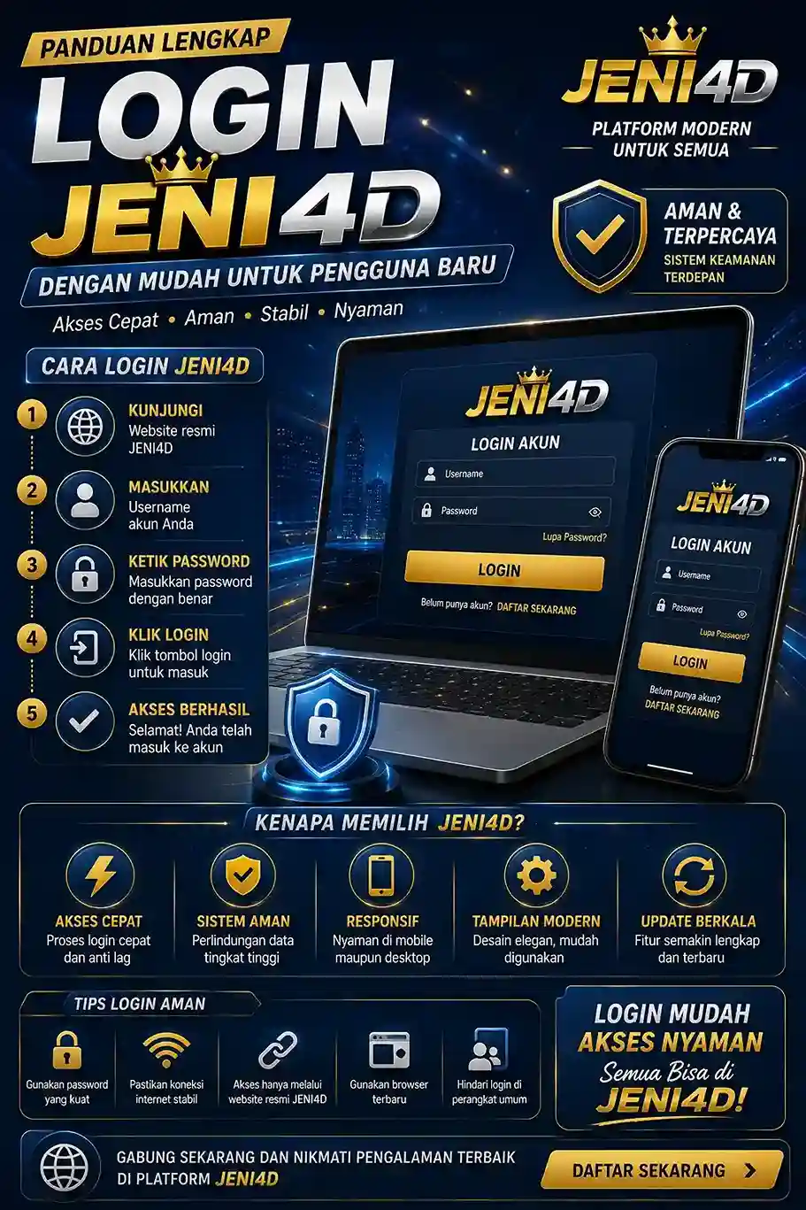 Poster panduan login JENI4D 2026 dengan desain modern biru emas, menampilkan langkah login akun, sistem akses cepat, platform aman, dan tampilan responsif untuk mobile maupun desktop.