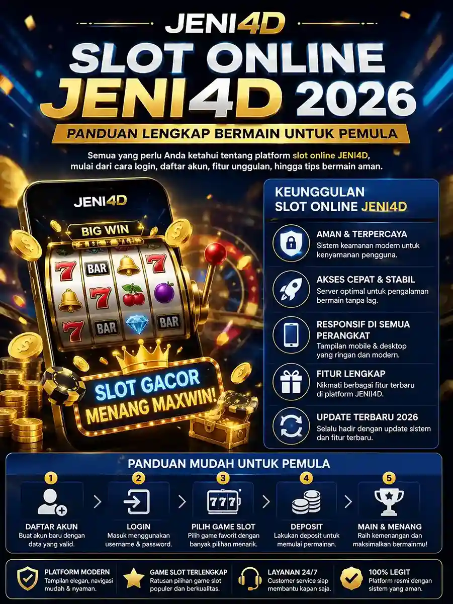 Poster slot online JENI4D 2026 tentang panduan lengkap bermain untuk pemula dengan tampilan platform modern, fitur responsif, dan akses cepat di semua perangkat.