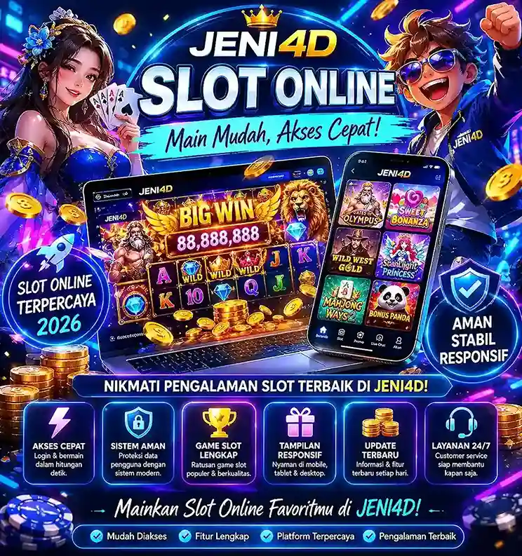 Poster slot online JENI4D 2026 dengan tampilan modern, fitur akses cepat, game slot lengkap, sistem aman, dan platform responsif untuk mobile serta desktop.