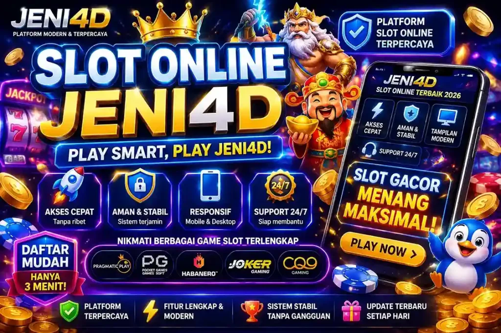 Poster slot online JENI4D terpercaya 2026 dengan desain neon modern, fitur akses cepat, sistem stabil, game slot lengkap, dan tampilan responsif di semua perangkat.