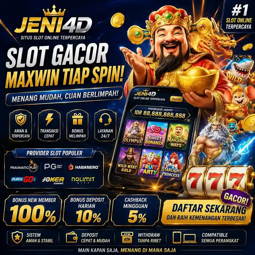 Poster slot online JENI4D 2026 dengan desain modern warna biru emas, menampilkan bonus member baru, provider slot populer, tampilan mobile responsif, dan sistem platform cepat serta stabil.