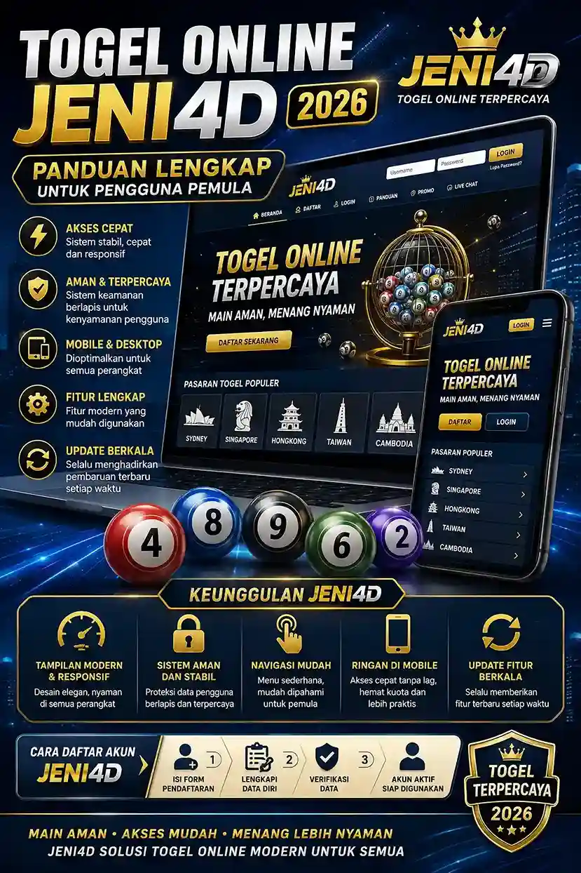 Poster togel online JENI4D 2026 dengan desain modern bertema biru emas, menampilkan panduan lengkap pengguna pemula, akses cepat, sistem stabil, dan platform responsif untuk mobile maupun desktop.