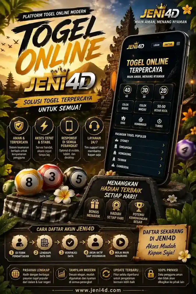 Poster togel online JENI4D 2026 dengan konsep tropis eksklusif bertema Bali, menampilkan platform togel terpercaya, akses cepat, tampilan mobile responsif, dan fitur modern untuk semua perangkat.