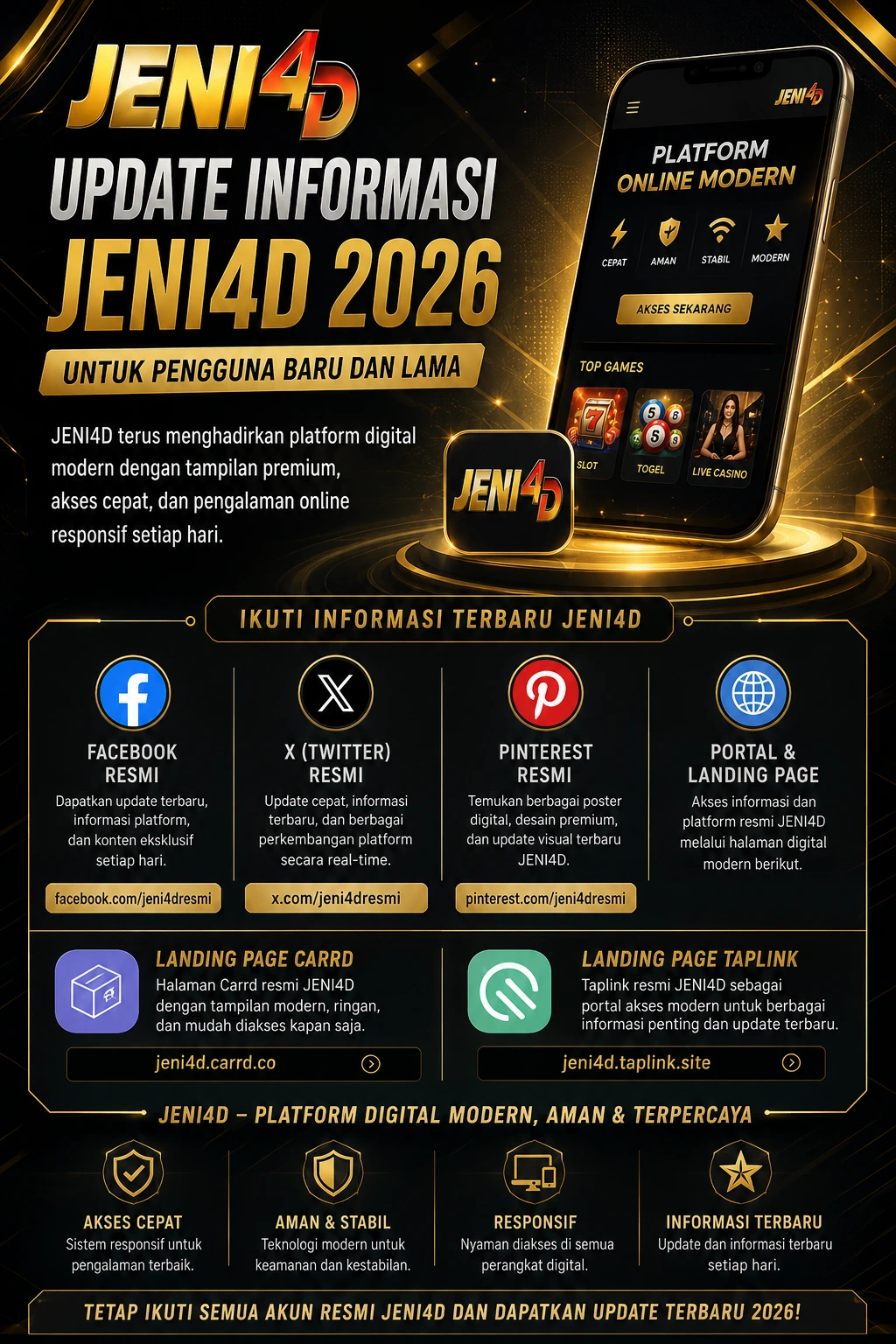 Poster digital JENI4D update informasi 2026 dengan tema platform slot dan togel online modern menampilkan tampilan premium mobile friendly, akses cepat, Facebook resmi, X Twitter resmi, Pinterest resmi, portal landing page, Carrd, dan Taplink JENI4D.