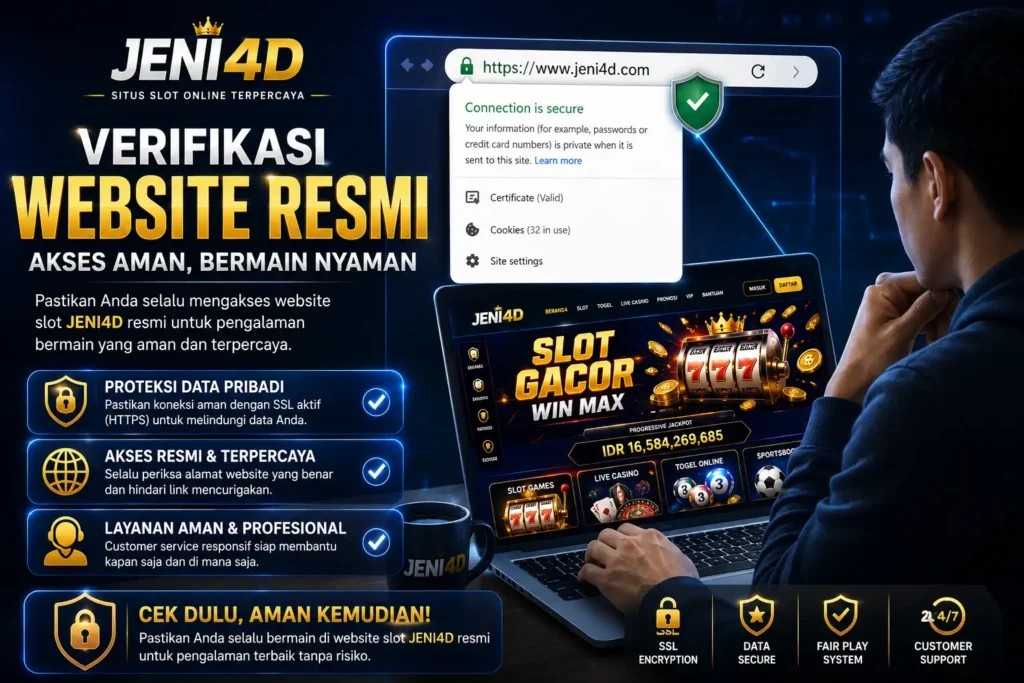 Ilustrasi pengguna memverifikasi keaslian website JENI4D resmi melalui fitur keamanan browser dengan sertifikat SSL aktif dan koneksi aman untuk memastikan akses yang terpercaya.