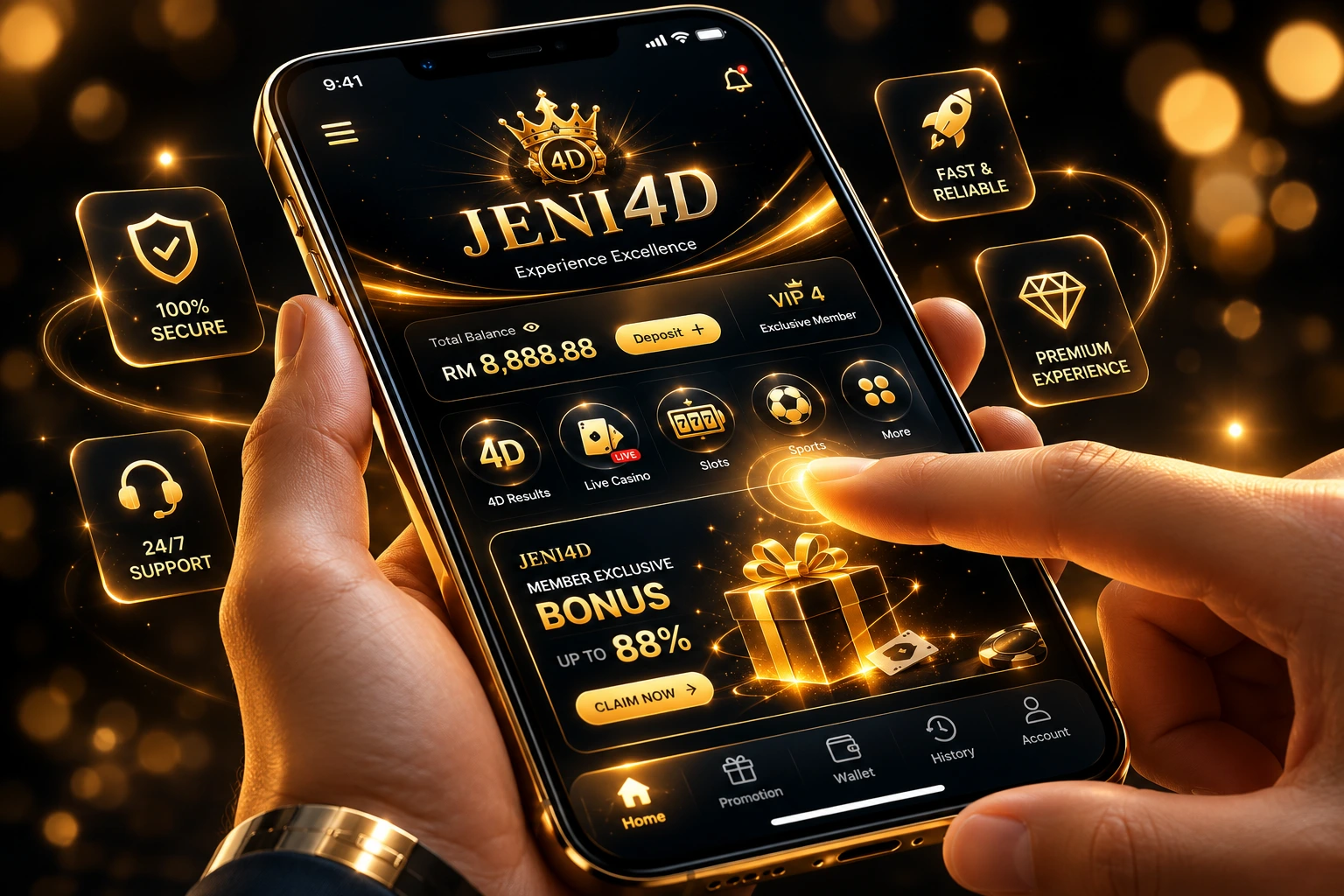 Antarmuka mobile JENI4D dengan desain premium berwarna emas yang memberikan pengalaman pengguna lebih cepat, modern, dan responsif di berbagai perangkat.