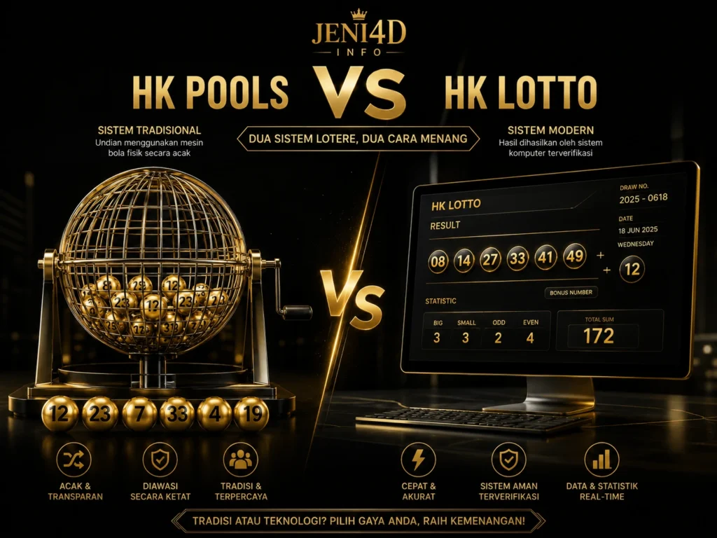 Infografis Hongkong Pools vs Hongkong Lotto menampilkan perbandingan mesin undian mekanis dengan sistem hasil digital modern dalam desain emas dan hitam.