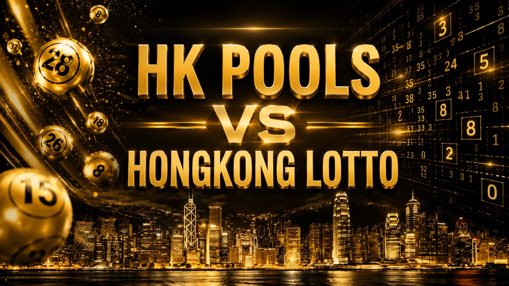 Ilustrasi Hongkong Pools vs Hongkong Lotto dengan latar skyline Hong Kong, bola angka emas 3D, dan visual digital futuristik.