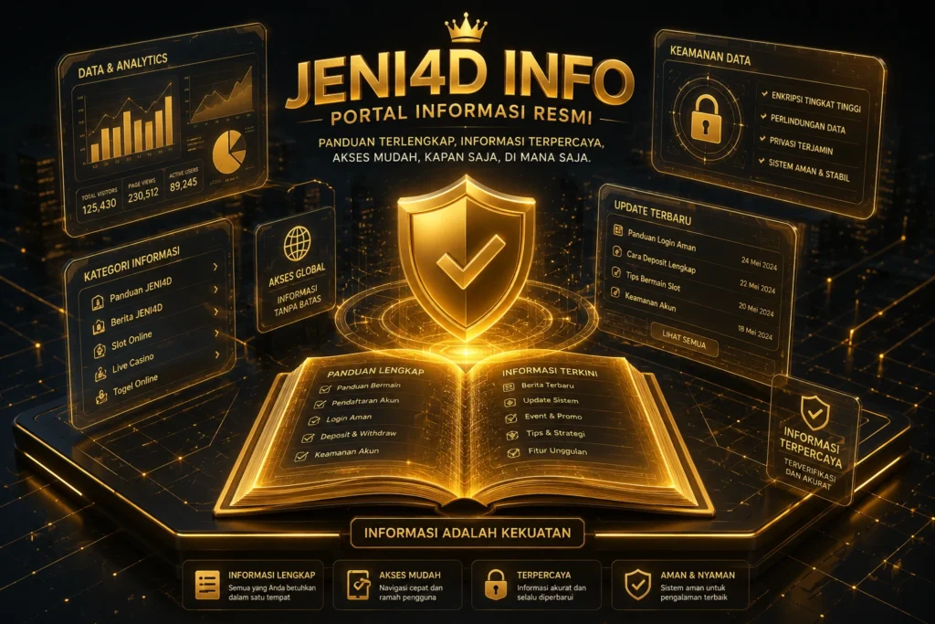 Ilustrasi portal informasi resmi JENI4D Info dengan tampilan digital modern, dashboard interaktif, panduan lengkap, dan sistem keamanan berbasis teknologi.