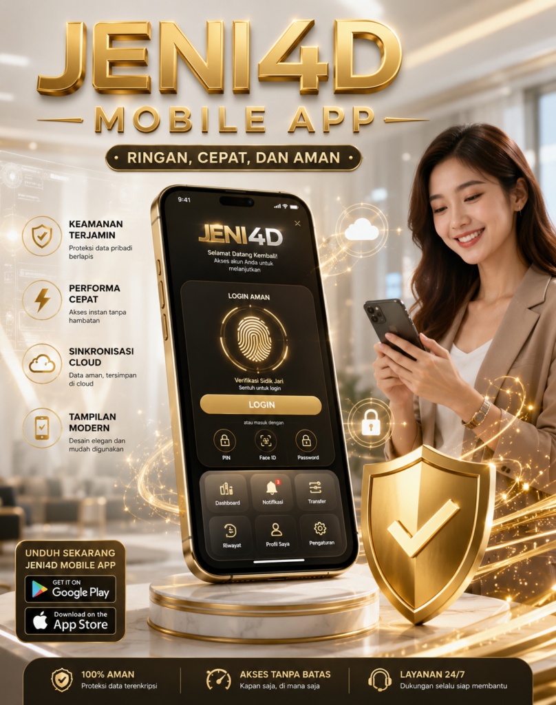 Tampilan aplikasi mobile JENI4D dengan fitur login aman biometrik, keamanan data, dan antarmuka modern pada smartphone.