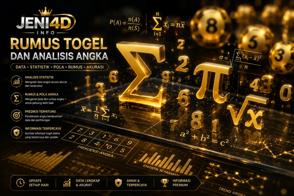 Ilustrasi cara menghitung rumus togel dan analisis angka digital JENI4D dengan simbol matematika, statistik angka, dan visual data premium bertema hitam emas.