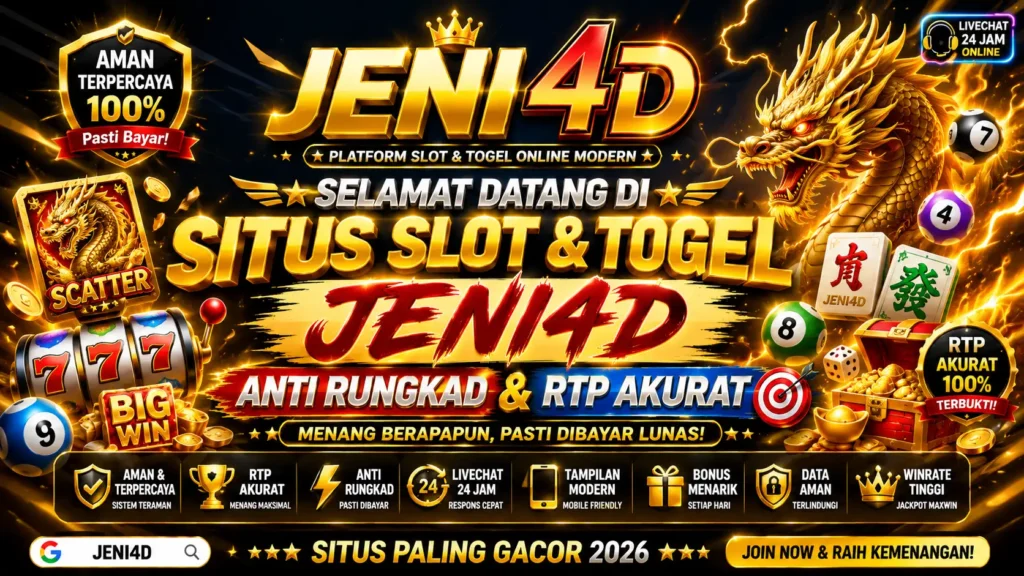 JENI4D situs slot dan togel online terpercaya dengan RTP akurat, bonus harian, layanan live chat 24 jam, dan sistem keamanan terbaik