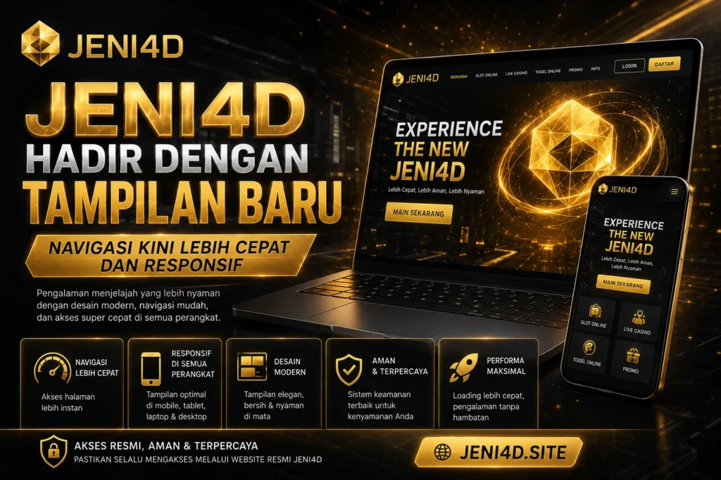 Ilustrasi tampilan baru JENI4D dengan desain website modern, navigasi lebih cepat, responsif di semua perangkat, serta antarmuka premium berwarna hitam dan emas.