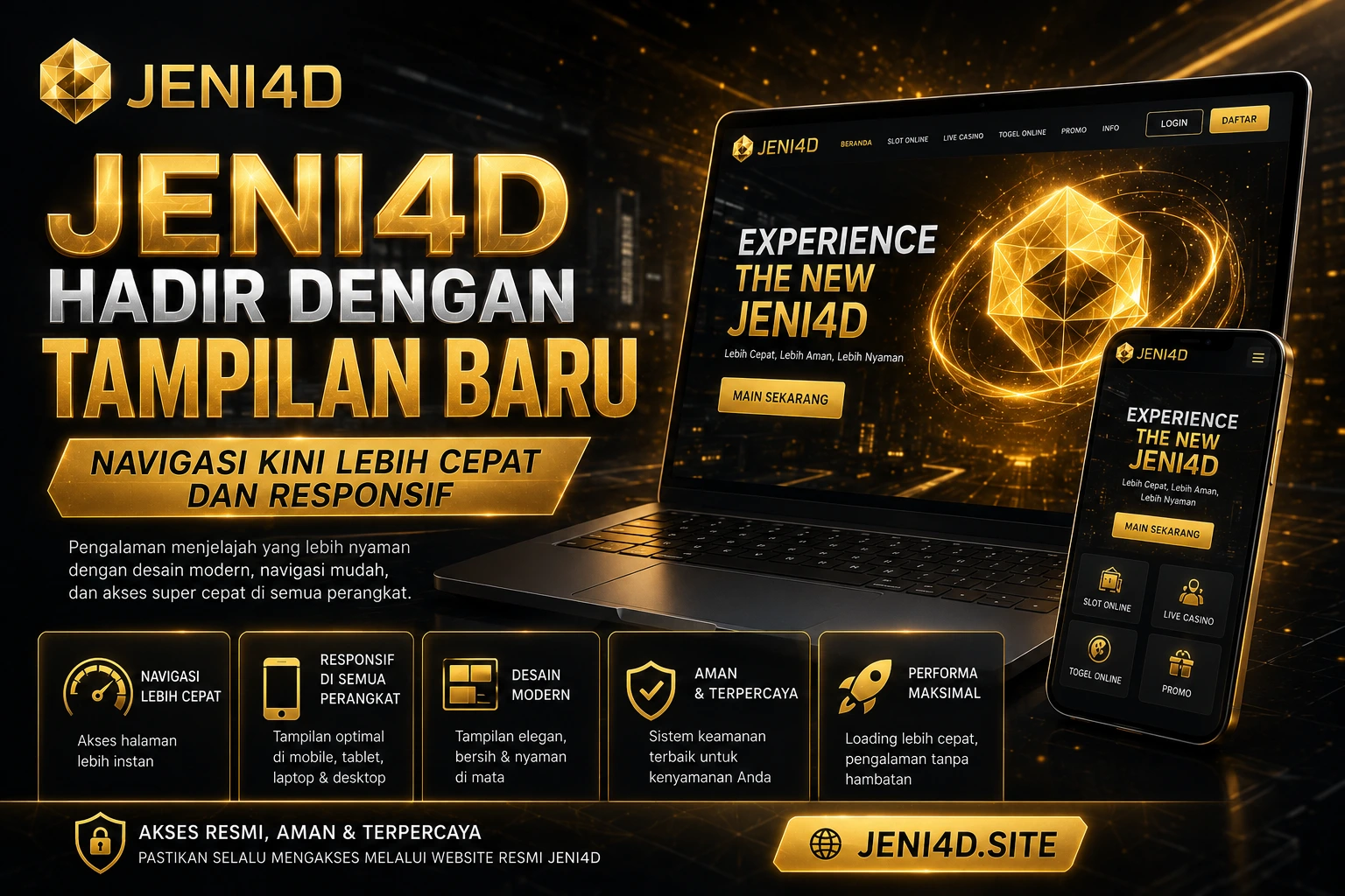 Ilustrasi tampilan baru JENI4D dengan desain website modern, navigasi lebih cepat, responsif di semua perangkat, serta antarmuka premium berwarna hitam dan emas.