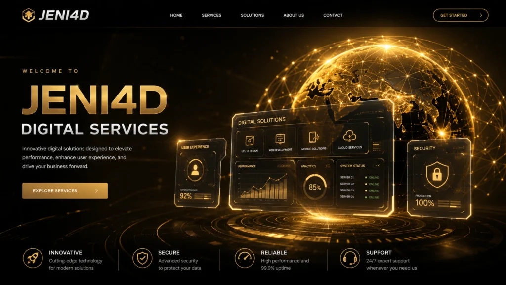 Dashboard Layanan Digital JENI4D menampilkan solusi teknologi inovatif, keamanan data 100 persen, dan status sistem online.