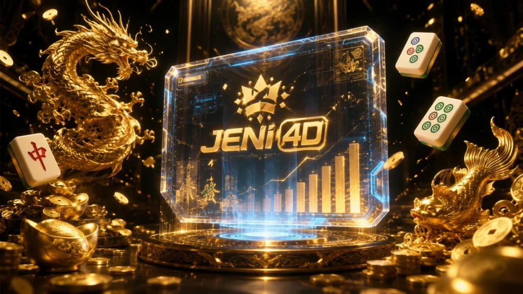 Dashboard RTP Slot JENI4D dengan tampilan hologram futuristik, naga emas, koin emas, dan grafik RTP live hari ini.