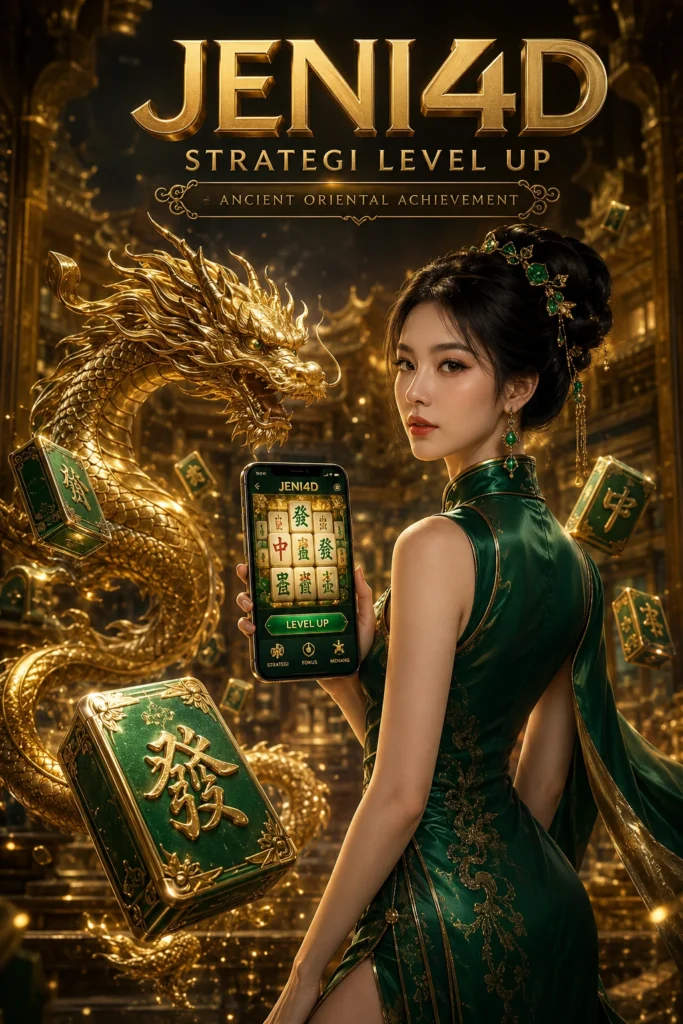 Panduan visual strategi menang Mahjong Ways JENI4D menampilkan naga emas dan ubin mahjong hijau emerald yang mewah di platform terpercaya JENI4D.