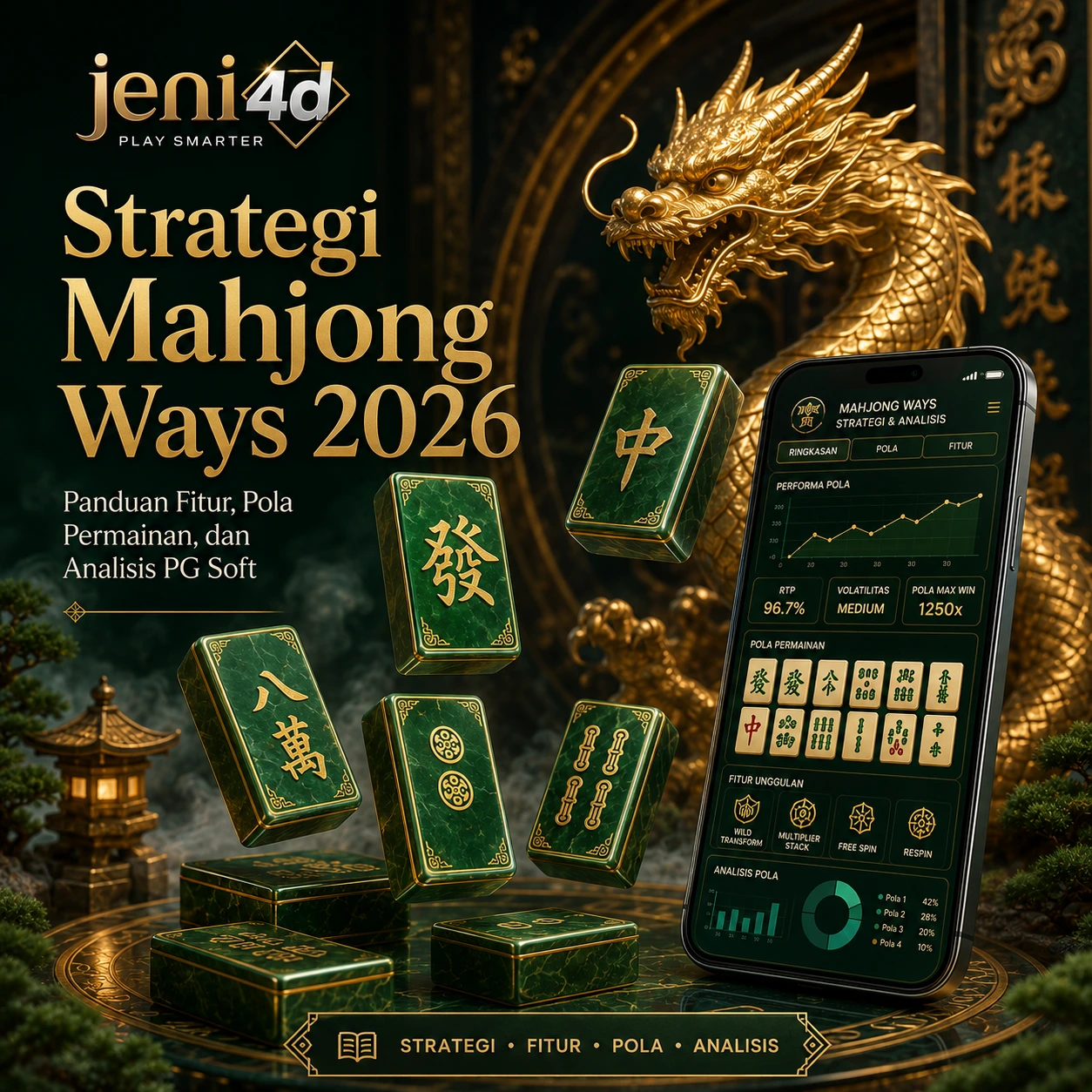 Infografis strategi Mahjong Ways 2026 di JENI4D yang menunjukkan panduan fitur, pola permainan gacor, dan analisis RTP live PG Soft.