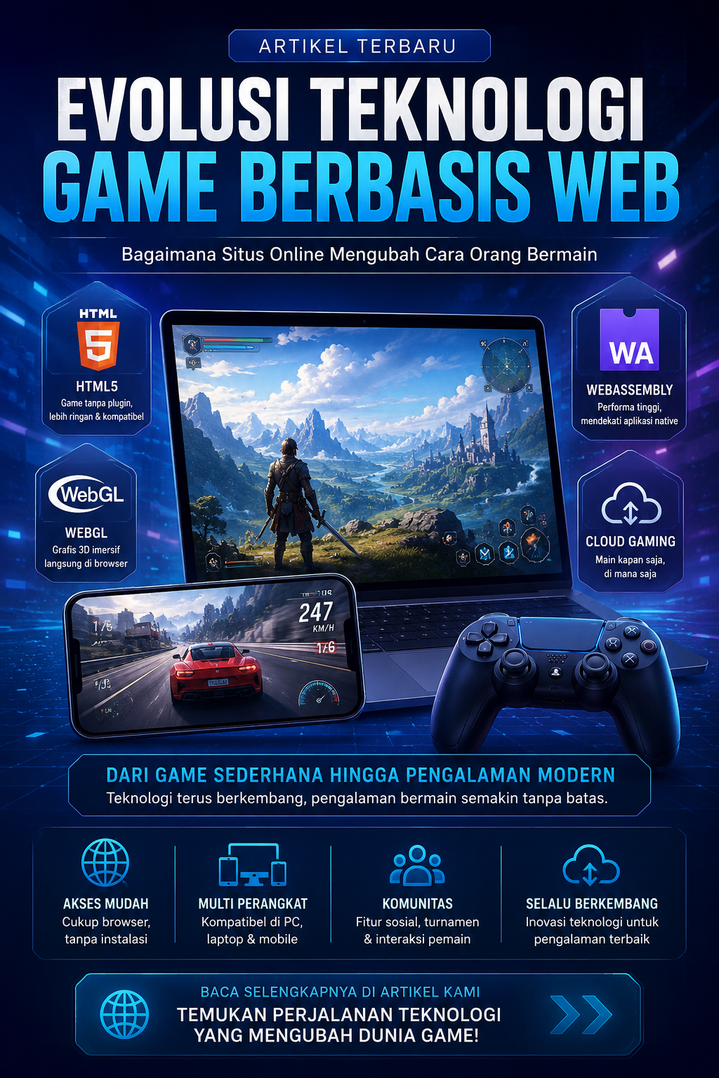 Ilustrasi evolusi teknologi game berbasis web dengan laptop, smartphone, controller, serta teknologi HTML5, WebGL, WebAssembly, dan cloud gaming.